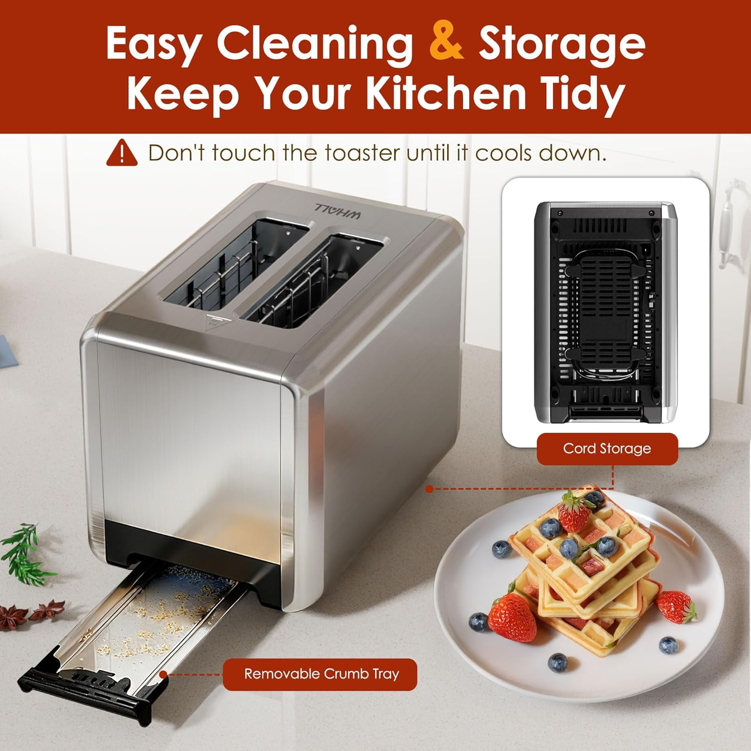 WHALL Touch Screen Toaster 2 Slice, 1.5'' Extra Wide Slot Stainless Steel Toaster with Digital Timer, 6 Bread Types & 6 Shade Settings, Crumb Tray, Reheat/Defrost, Smart Toasters for Breads
