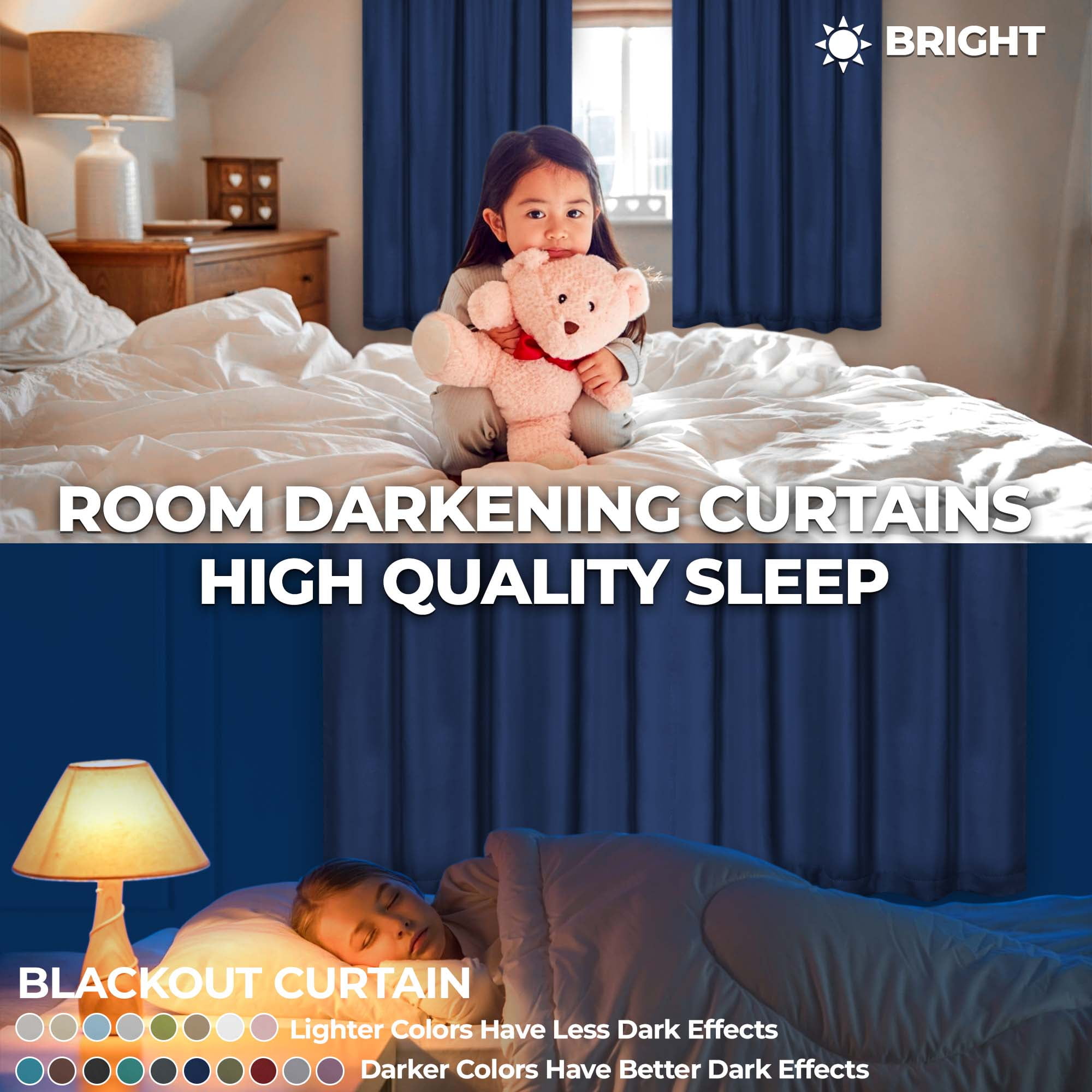 Superior Blackout Solid Light Filtering Back Tab Curtain Panel Set, 42" x 96", Navy Blue