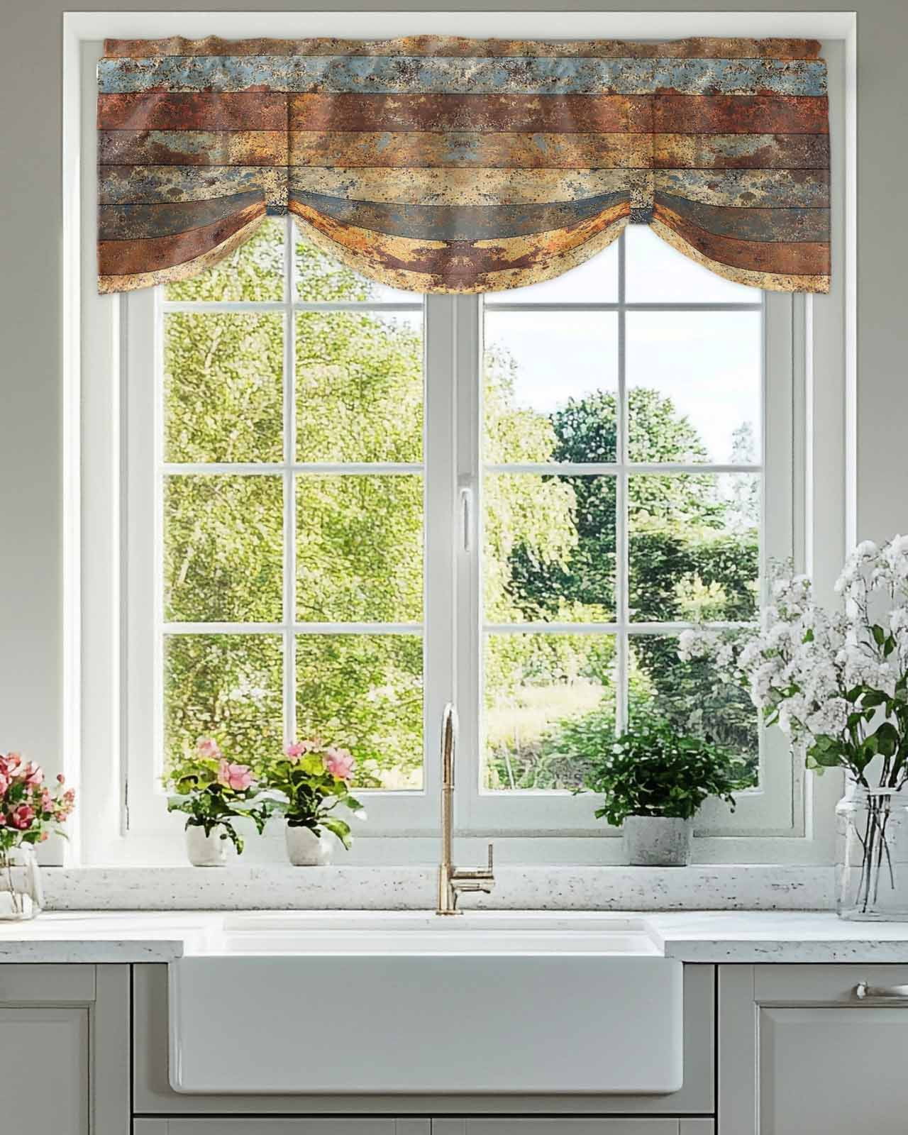 Vintage Striped Tie Up Valances Curtain, Rust Mottled Texture Distressed Kitchen Valances for Windows Decor, Rod Pocket Short Curtains Set for Bedroom/Bathroom, 54"x18"