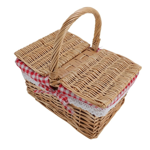 Panier de Pique-Nique en Rotin, Grand Panier en Osier Polyvalent avec Poignée, Couvercles à Double Ouverture, Détails en Dentelle Élégants, pour Pique-Niques, Randonnée, Camping, Fleurs, Fruits et Légumes