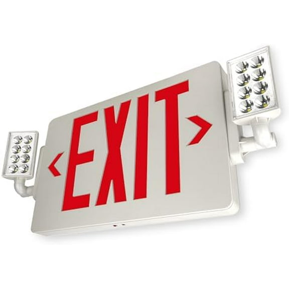 LFI Lights® Thin COMBO UL 924 Listed, Red LED, Exit Sign with Emergency Lights, White, 120-277VAC Hardwired with Battery Backup, Optional Double Face and Knock Out Arrows COMBOTRWBB