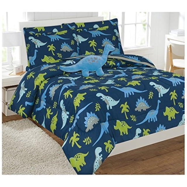 Fancy Linen Comforter Set Dinosaurs Blue Light Blue Grey Green New # Dinosaur Blue (Full Comforter) displayed on a bed. This children's bedding set includes a comforter, pillow shams, flat sheet, fitted sheet, and pillowcases, all featuring a playful dinosaur-themed pattern in shades of blue, green, grey, and light blue. Made from 100% soft microfiber, the bedding is machine washable and suitable for full-size beds.