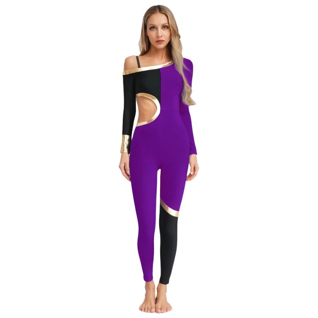 Raenseen Womens' Long Sleeve Unitard Gymnastics Ballet Dance Bodysuit Metallic Color Block Jumpsuit Purple XL