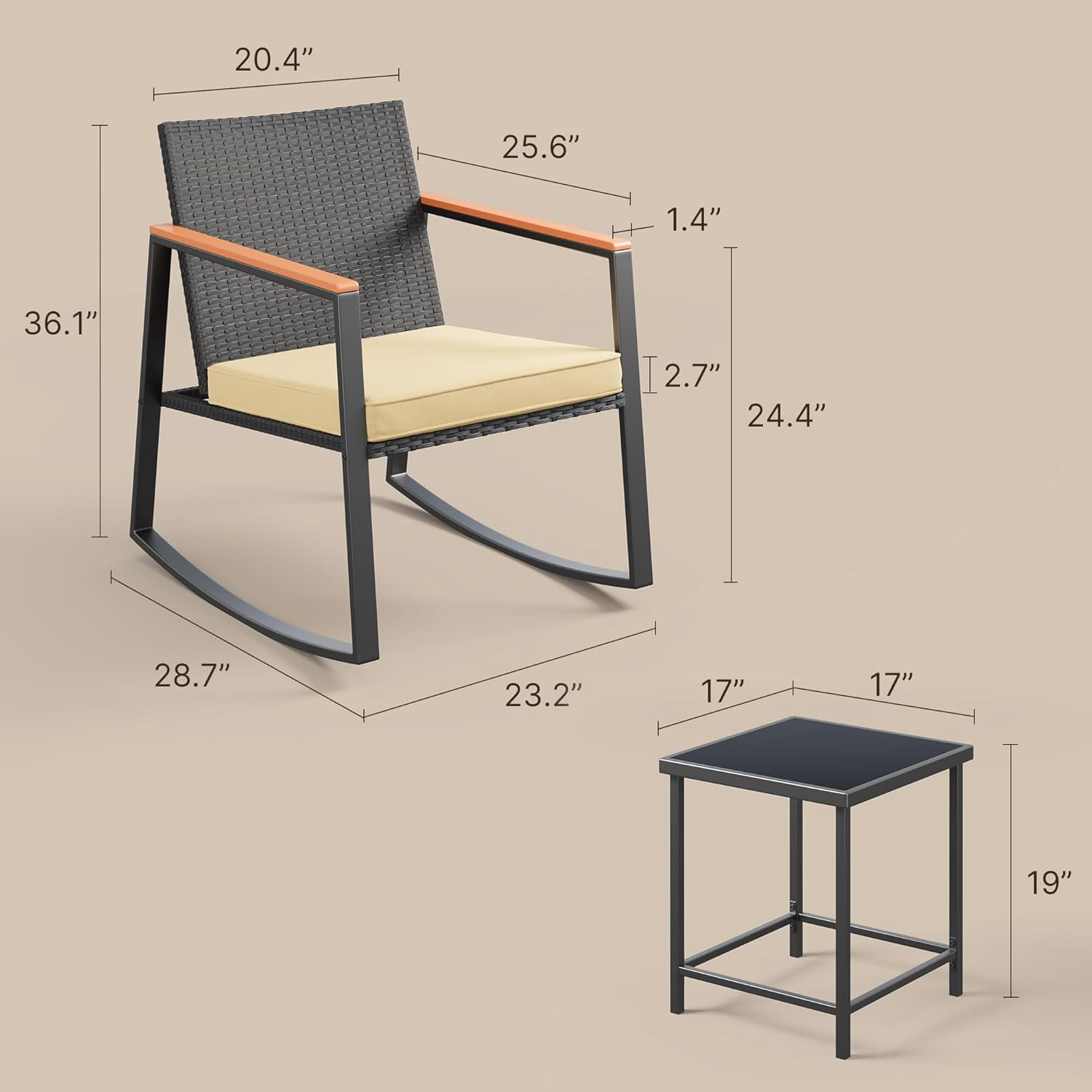 3-Piece Patio Furniture Set, Lofka Rocking Chair Set with Heat-resistant armrests, Includes Glass Table& Cushion-Perfect for Balcony|Deck, Yellow