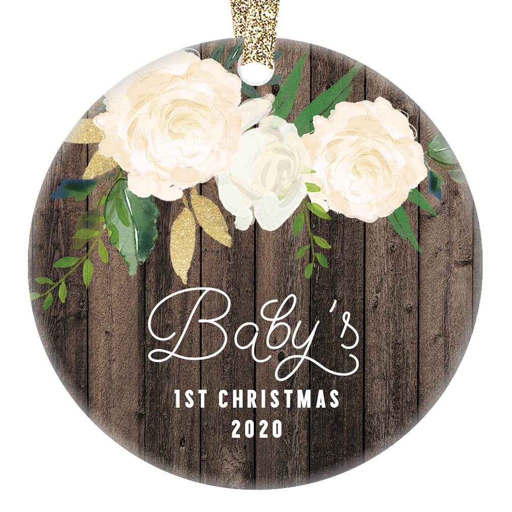 Baby Girl Ornament 2020 Baby's First Christmas Ornament Gifts for Mom & Dad Parents of Newborn 1st Xmas Rustic Idea 3" Flat Circle Porcelain Ceramic Ornament with Gold Ribbon & Free Gift Box | OR00339 - image 1 of 2