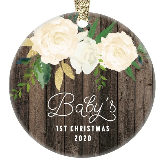 Baby Girl Ornament 2020 Baby's First Christmas Ornament Gifts for Mom & Dad Parents of Newborn 1st Xmas Rustic Idea 3" Flat Circle Porcelain Ceramic Ornament with Gold Ribbon & Free Gift Box | OR00339