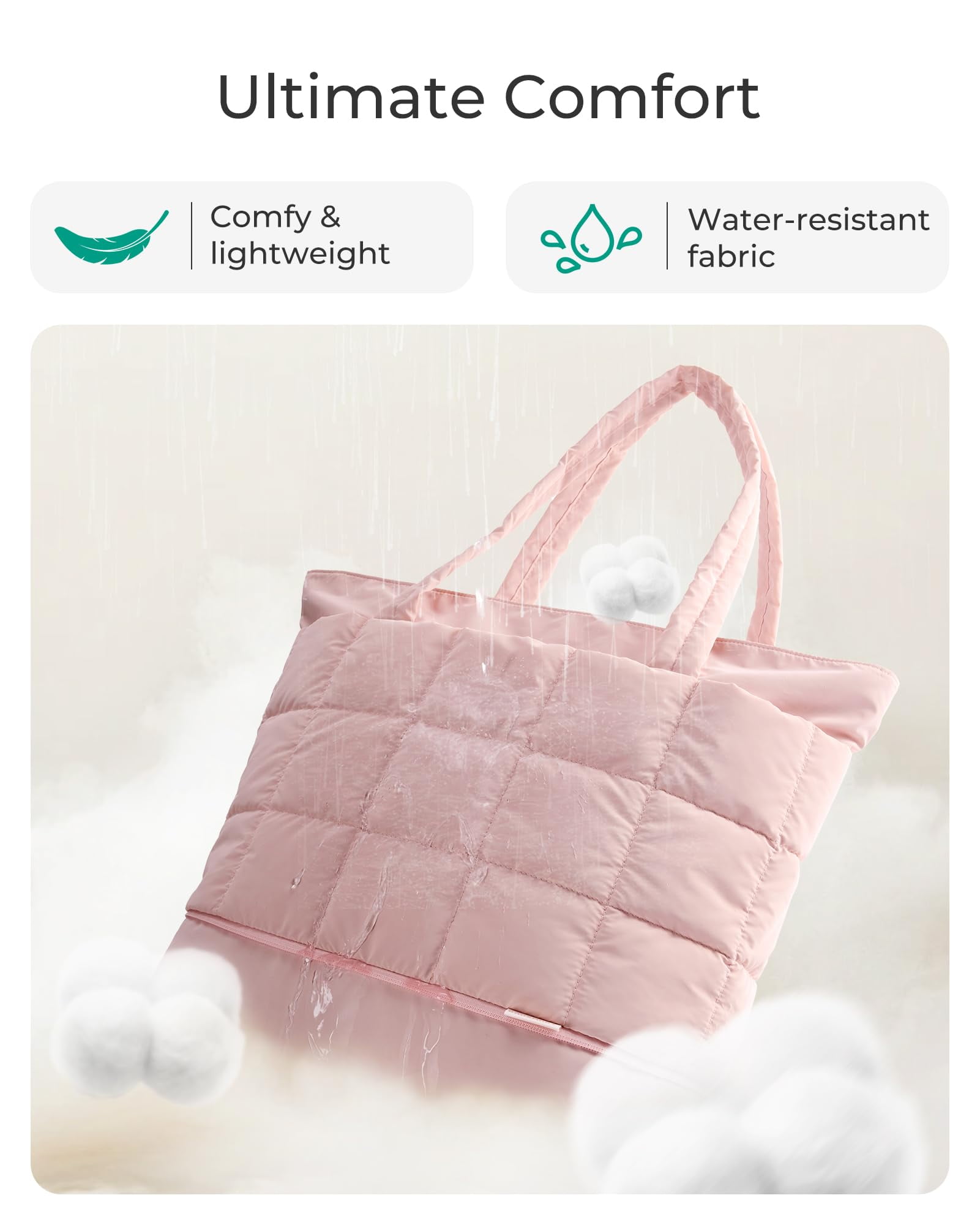 BAGSMART Expandable Tote Bag for Women, Zipper Puffer Work Tote with Water-Resistant Quilted, Nurse and Carry-On Travel Bag, Pink