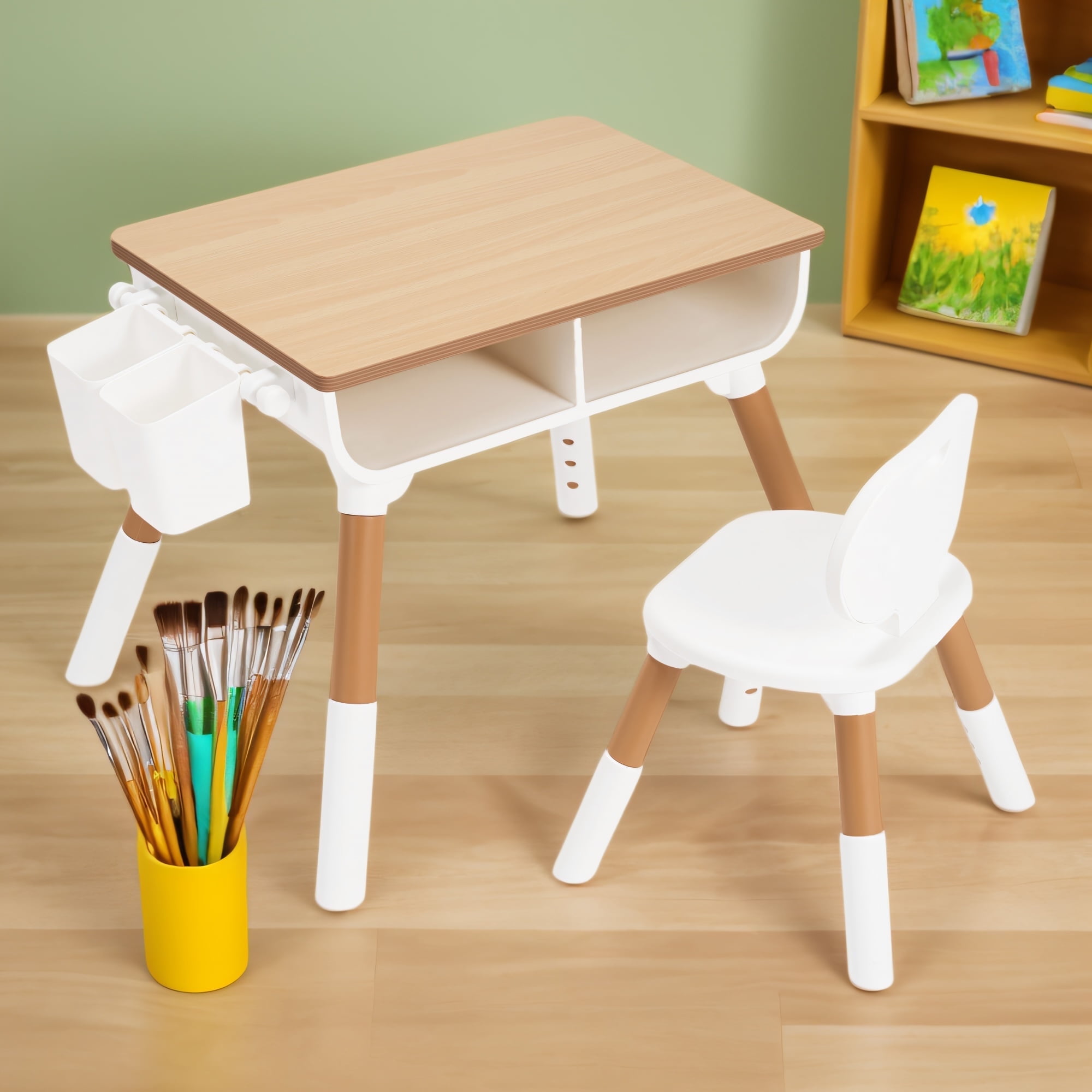Naipo Adjustable Toddler Table and Chair Set with Drawer and Basket, Kids Furniture for Reading, Drawing, Eating, Preschool, Ages 3-8, White