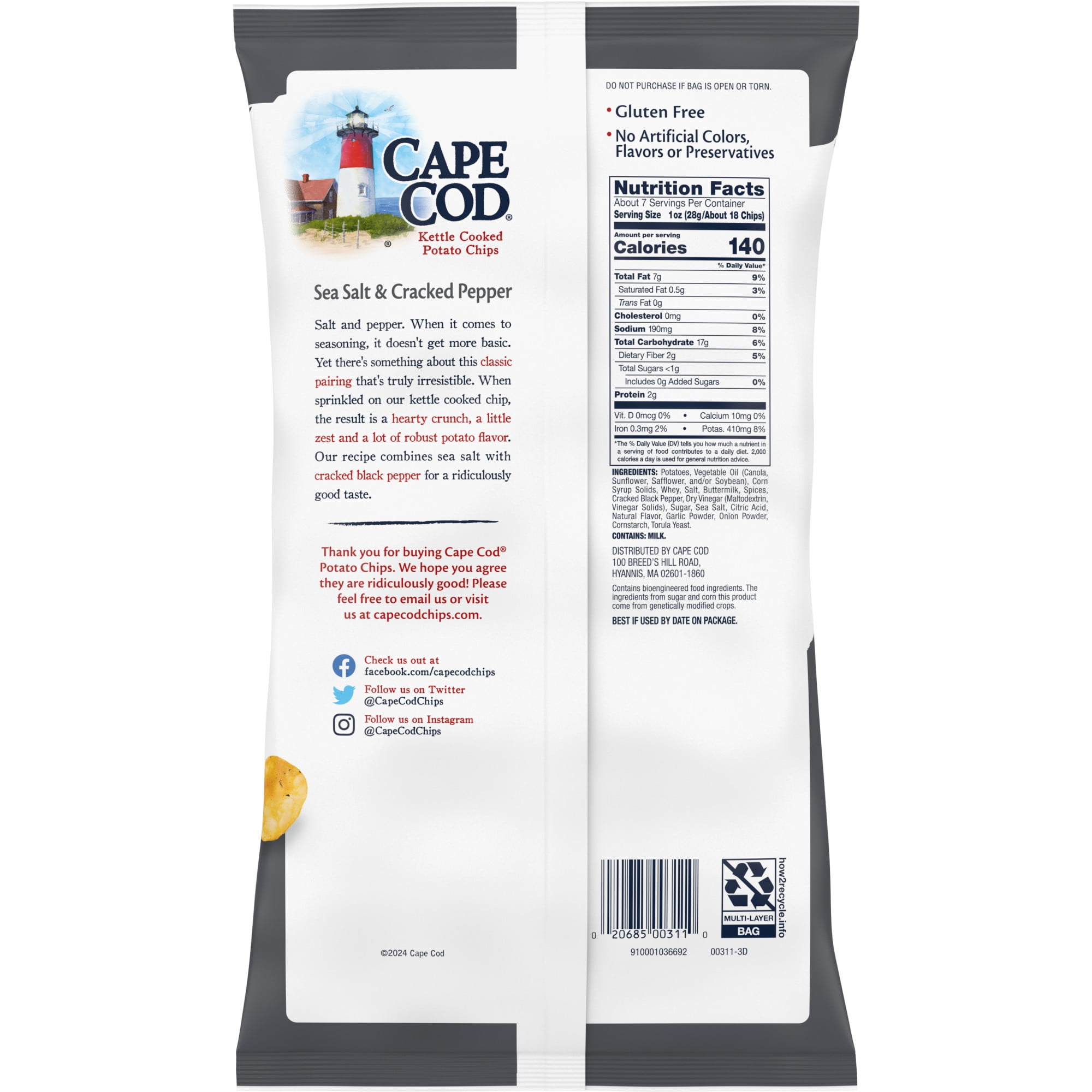 (3 pack) Cape Cod Sea Salt & Cracked Pepper Chips, 7.5 oz Bag