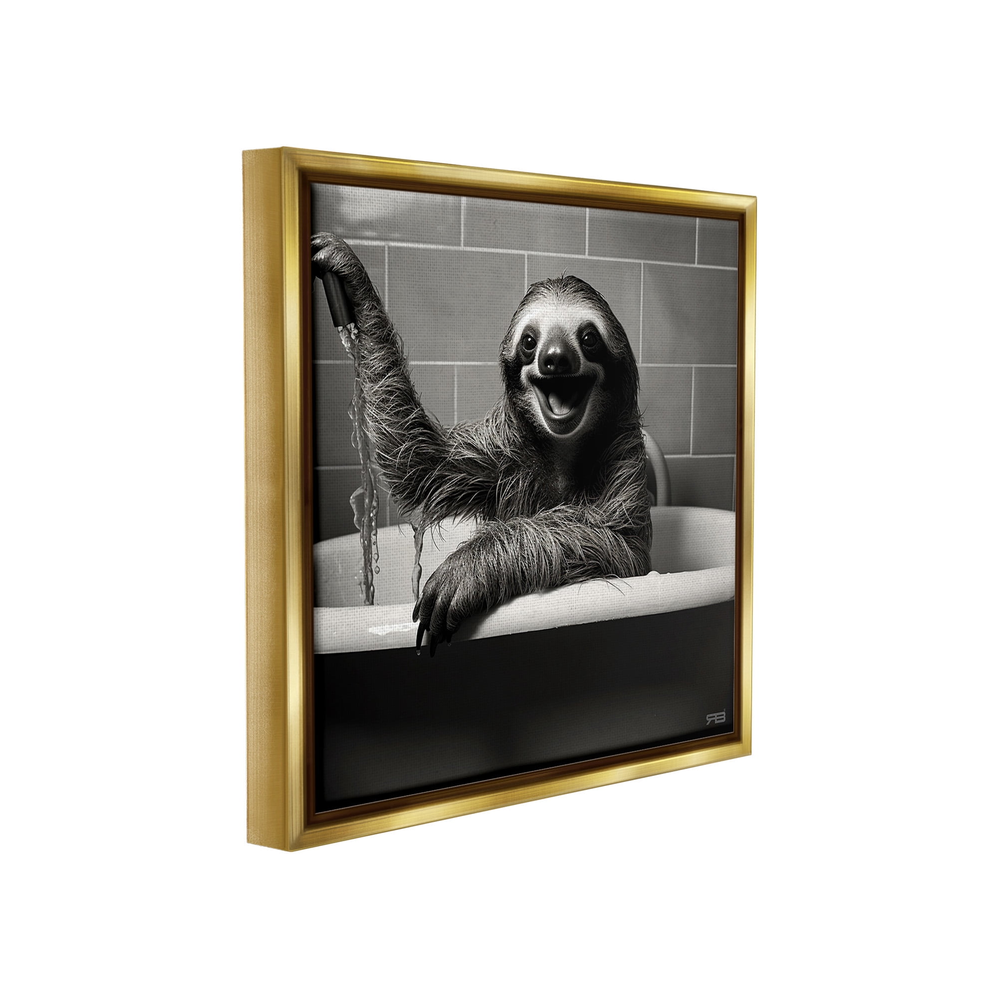 Stupell Industries Smiling Sloth in Tub Animals & Insects Painting Gold Floater Framed Canvas Art Print Wall Art, 25 x 25