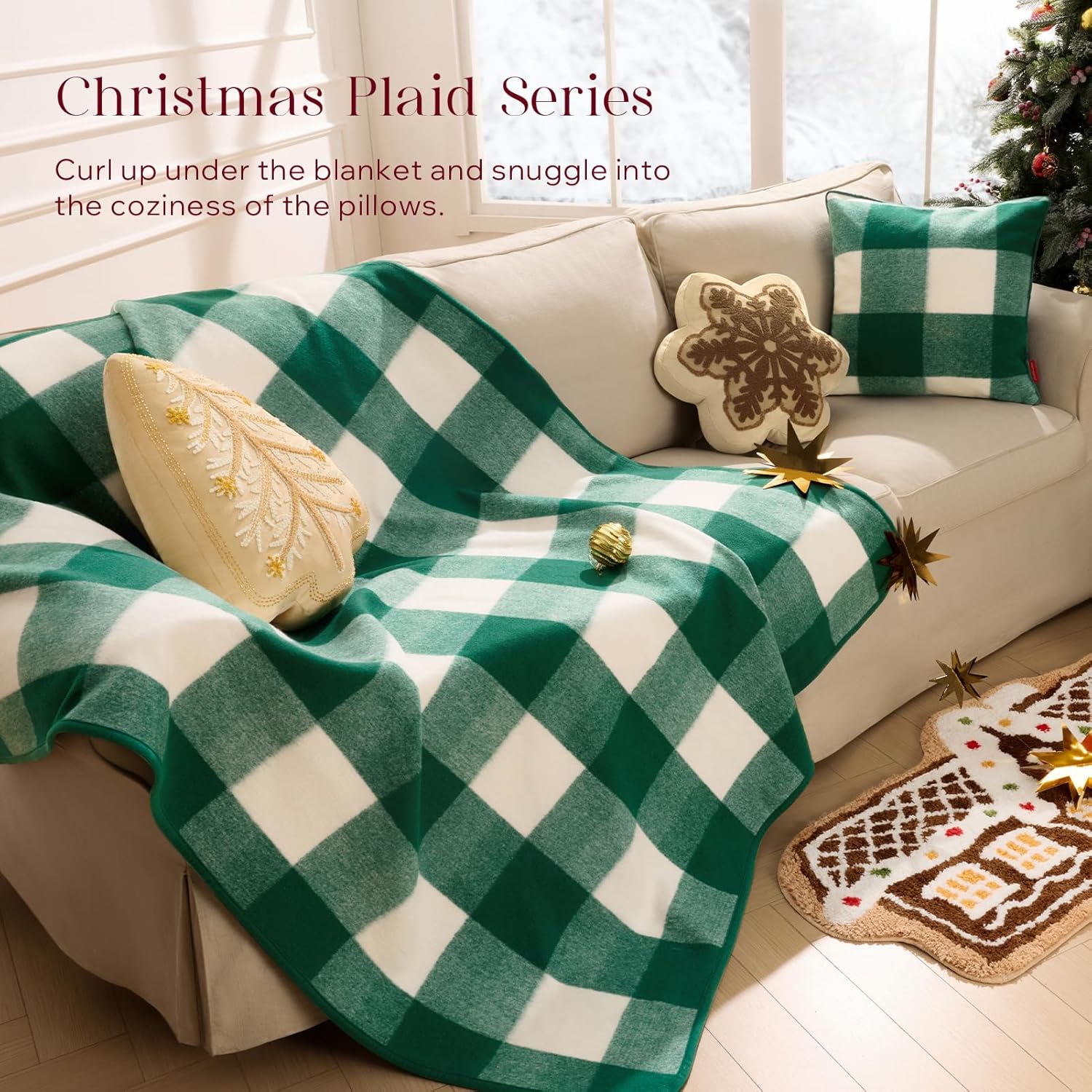 Christmas Throw Blanket, 50x60 Inch Faux Wool Buffalo Check Plaid with Locking Edge, Green Holiday Blanket for Couch and Decor