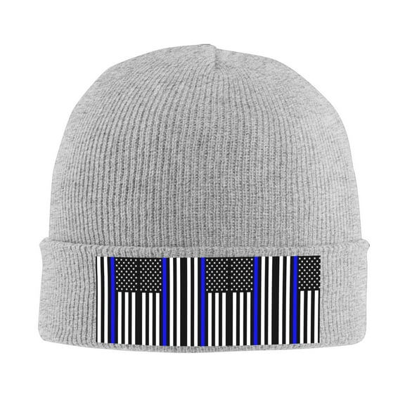 Thin Blue Line America Flag Beanie Hat Knit Hat Skull Cap for Men Women Winter Hat Gray