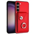 thumbnail image 3 of Wallet Case Compatible for Samsung Galaxy S22 with Card Holder, Rotation Finger Ring Kickstand Card Slots Case, Classic PU Leather Shockproof Magnetic Button Cover for Galaxy S22, Red, 3 of 8