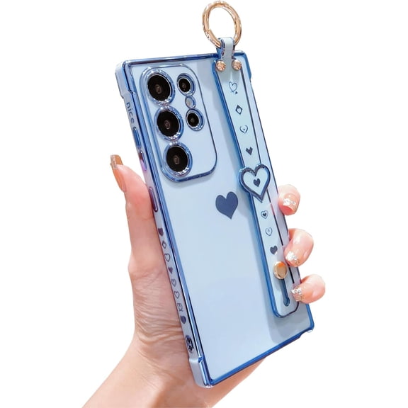 REQO Compatible with Samsung Galaxy S26 Ultra Case, Electroplated Edge Love Heart Case with Wrist Strap, Full Camera Protection Raised Reinforced Corners Shockproof Soft TPU Cover