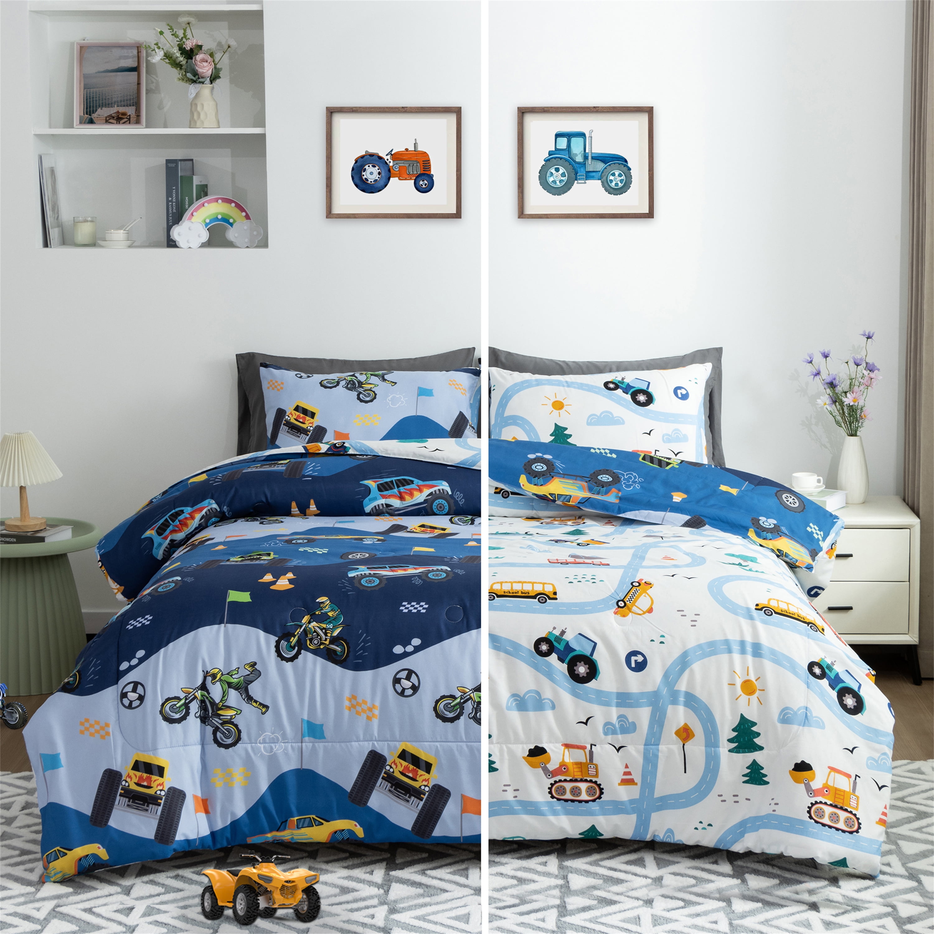 Btargot 3Pcs Reversible Cartoon Car Kids Off-Road Vehicle Comforter Set Full Race Car Motorcycle Construction Truck Bedding Set for Car Fans Boys Blue
