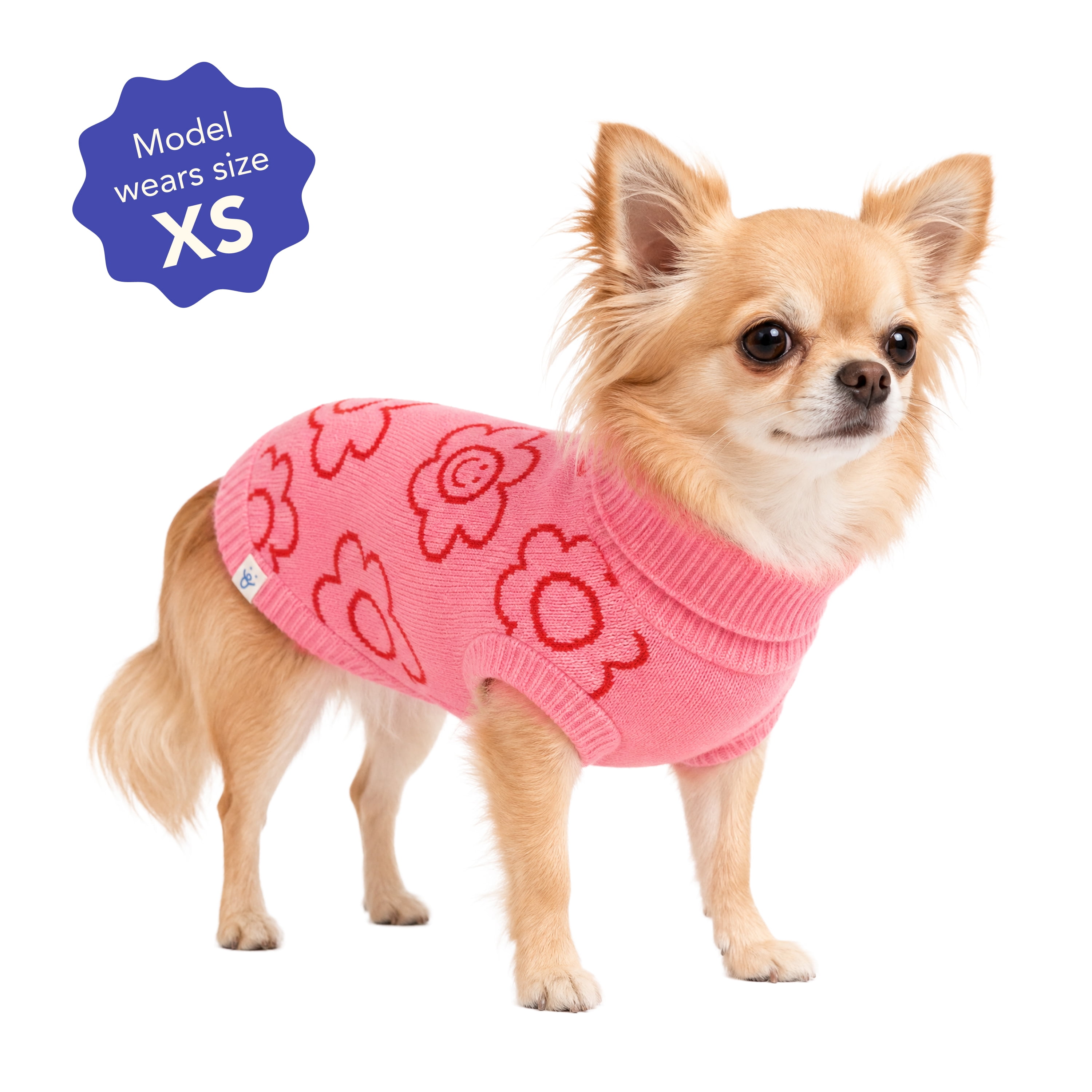 Oodles Smiling Daisies Fall Turtle Neck Dog Sweater, Pink, XS