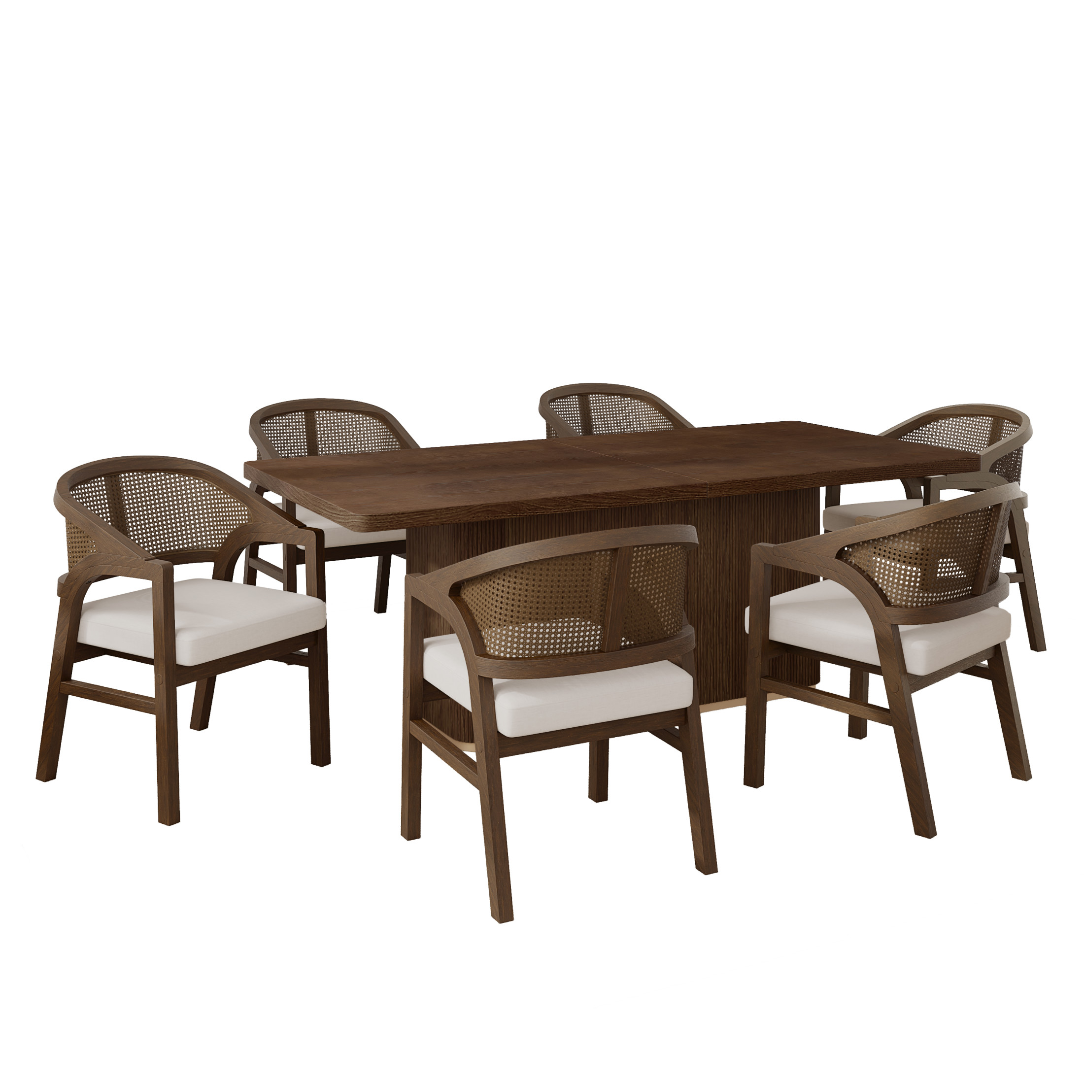 Christopher Knight Home 7-Piece Dining Set, 84" Walnut Rectangular Table with Rattan Back Beige Upholstered Chairs