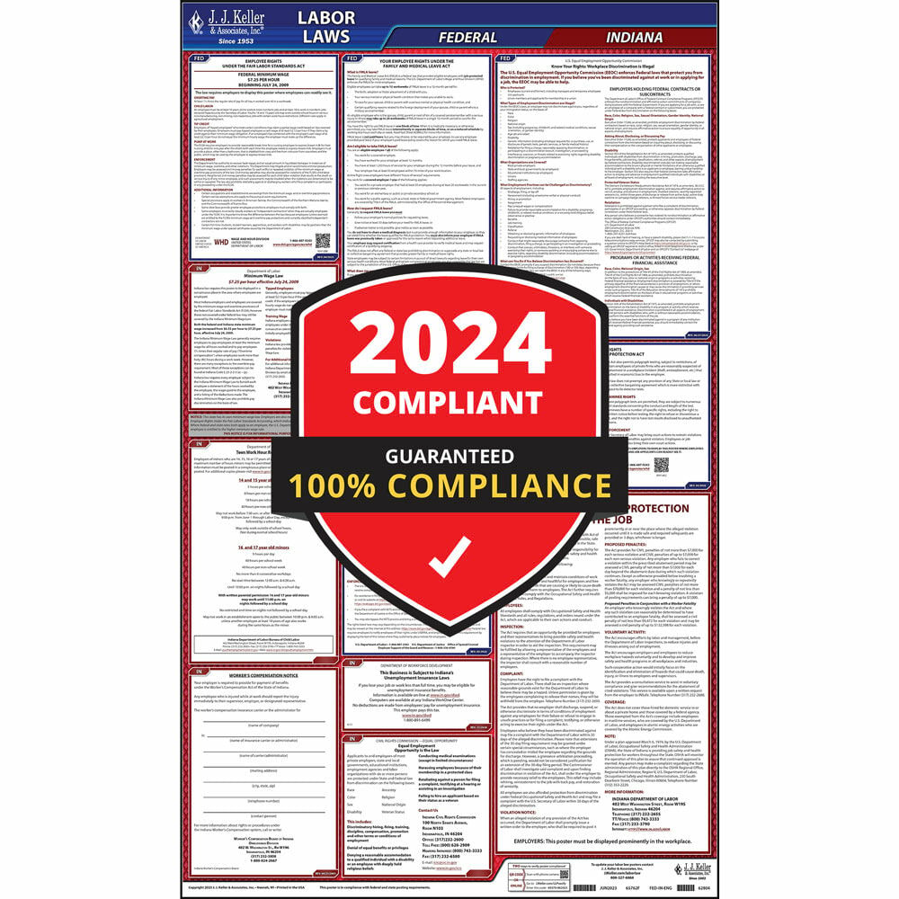 2024 Indiana and Federal Labor Law Poster (English, in State) - OSHA Compliant All-in-One Laminated Poster
