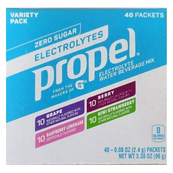 Propel Zero Sugar Electrolyte Water Beverage Mix Powder Packets Variety Pack (40 Count) Grape, Berry, Strawberry, Raspberry Lemonade