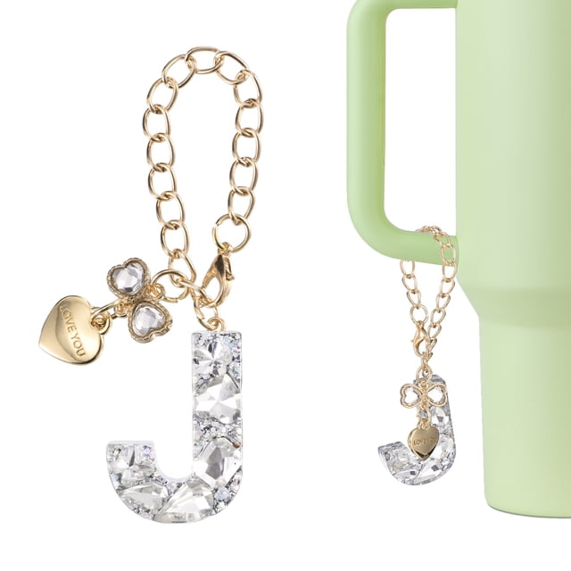Charm de letra Uxcell para taza Stanley, accesorios de letra inicial J con lazo en forma de corazón y rhinestone brillante para tazas o otros vasos de agua con asa para mujeres, blanco