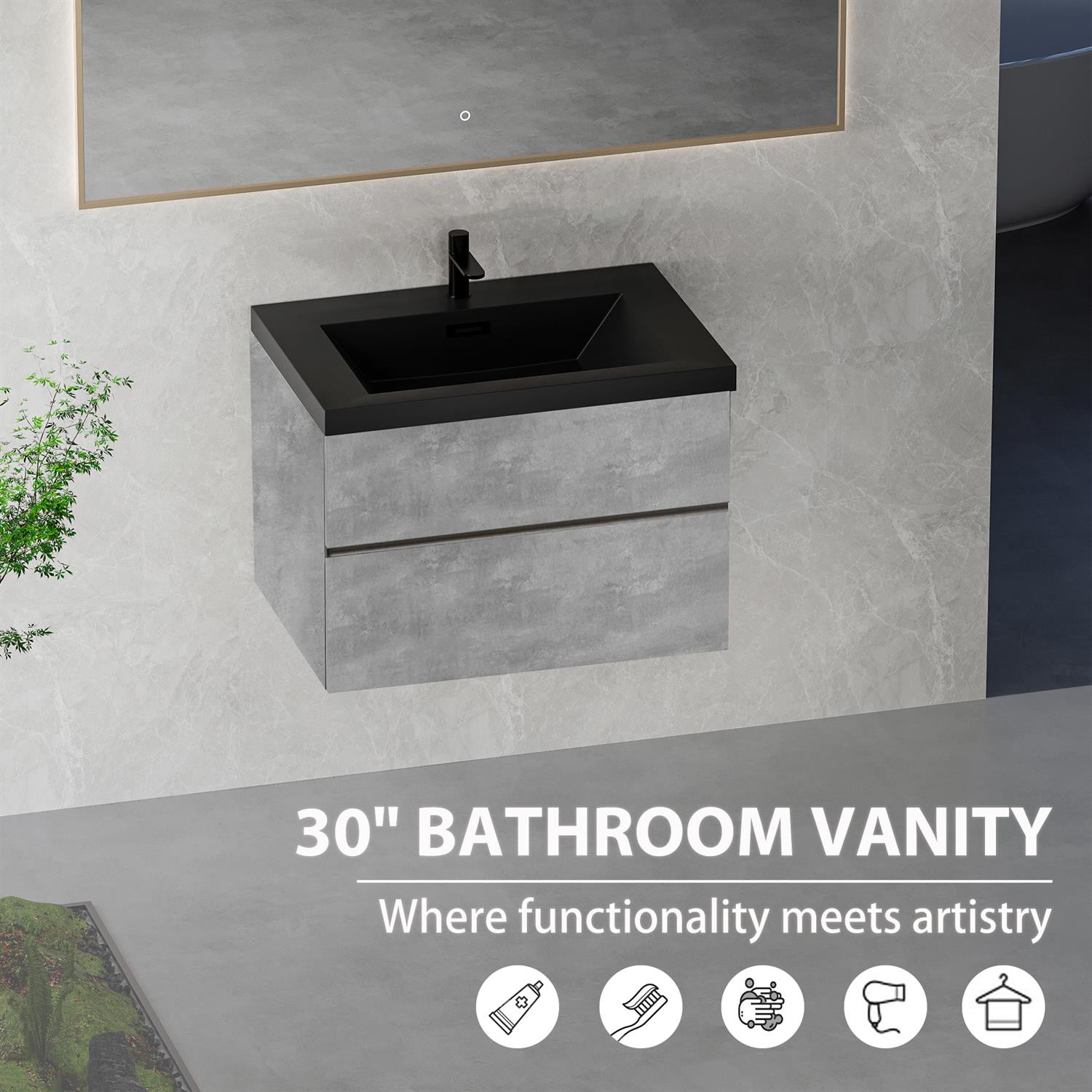 Demi Bonn 29" Floating Bathroom Vanity with Sink, Black Quartz Sand Top Basin and 2 Soft Close Drawers, Faucets and Drains Not Included, Gray