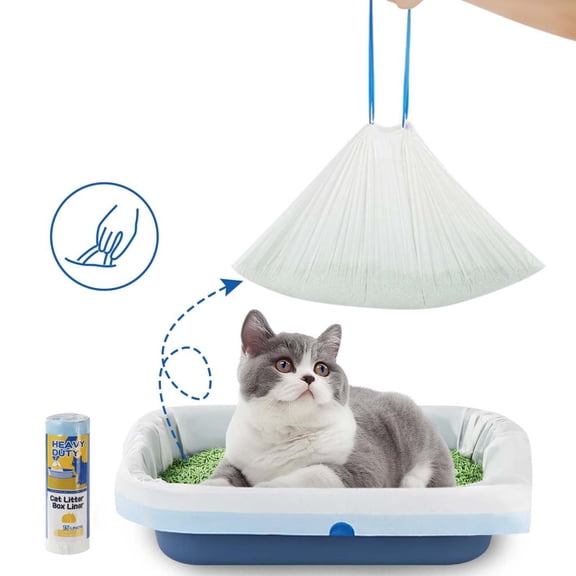 Heavy Duty Drawstring Cat Litter Box Liners Disposable Tear Resistant Drawstring Pet Waste Bags, Portable Easy Clean Kitty Litter Bags, 1 Roll 15 Count Cat Supplies