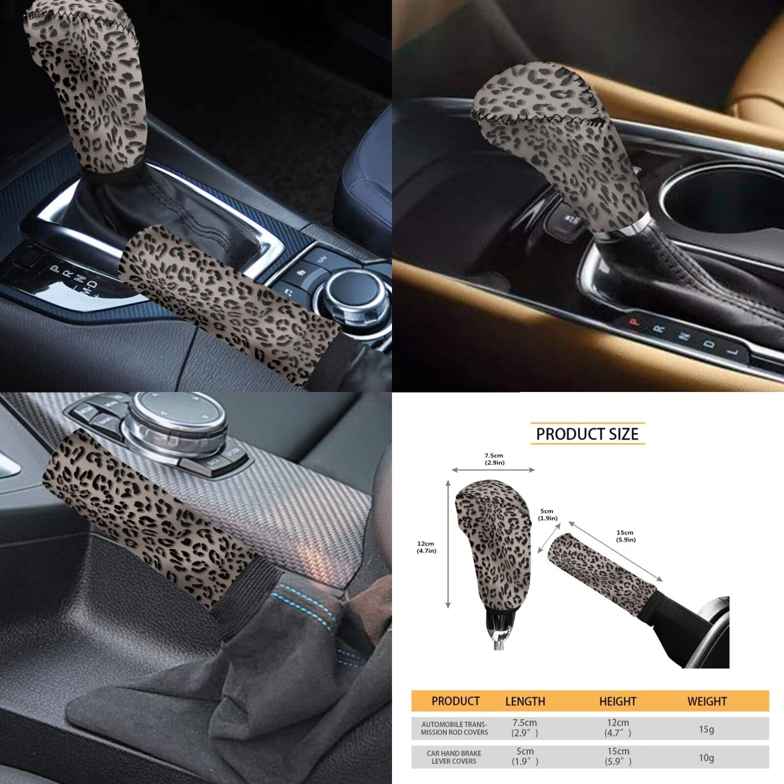 Garronmavis Grey Leopard Car Seat Covers Full Set with Steering Wheel Wrap Gear Shift Cover Handbrake Sleeve Headrest Protectors Cup Coaster Universal Fit for Most Auto Sedan Van Truck