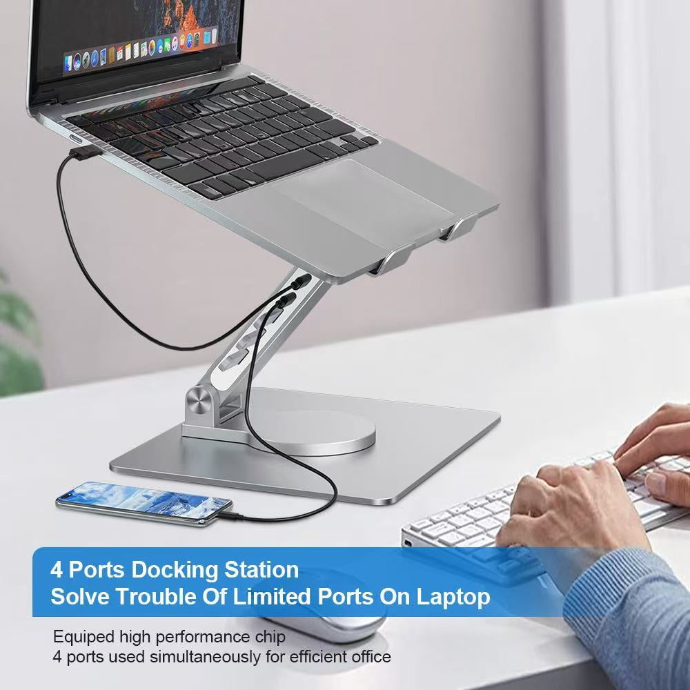 Laptop Stand with Docking Station, 5-Port USB Hub for MacBook Pro Air, Aluminum Alloy Height Adjustable Rotating Stand for Desk, Ergonomic Laptop Riser for Home Office Computer Accessories