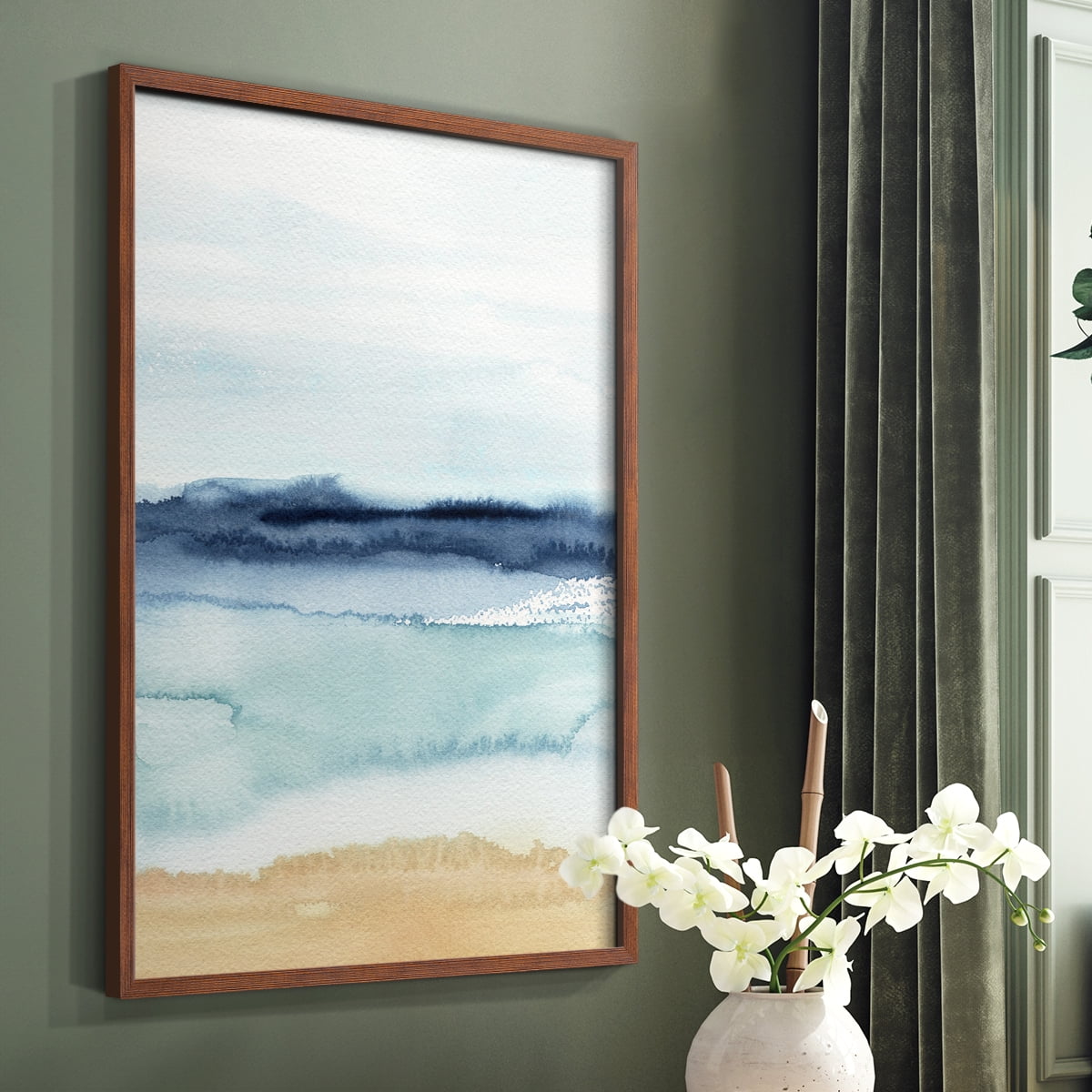 Watercolor Ocean Horizon II Framed Print in Brown Solid Wood 11 x 14 Framed Print