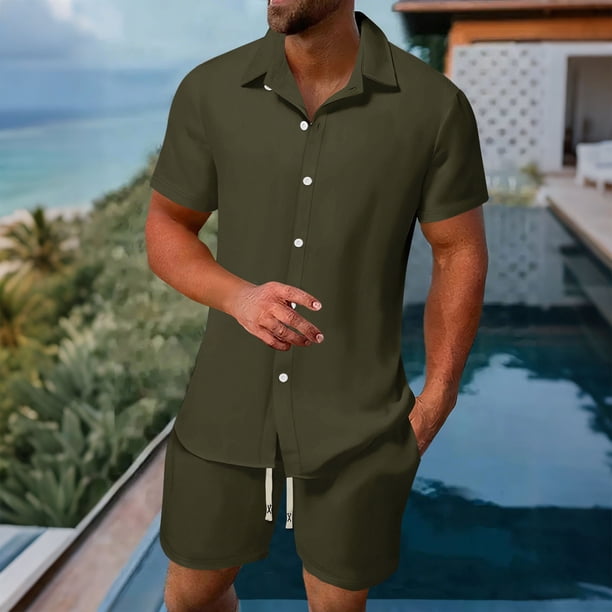 Ceisia Men's Loose Fit Casual 2-Piece Set Short Sleeve Button-Down Shirt with Elastic Waist Drawstring Shorts Gifts