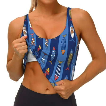 Qokaie Cute Fish Pattern Womens Scoop Neck Sports Bra Breathable Workout Vest Padded U Back Medium Impact Fitness Gym Yoga Bra Workout Crop Top
