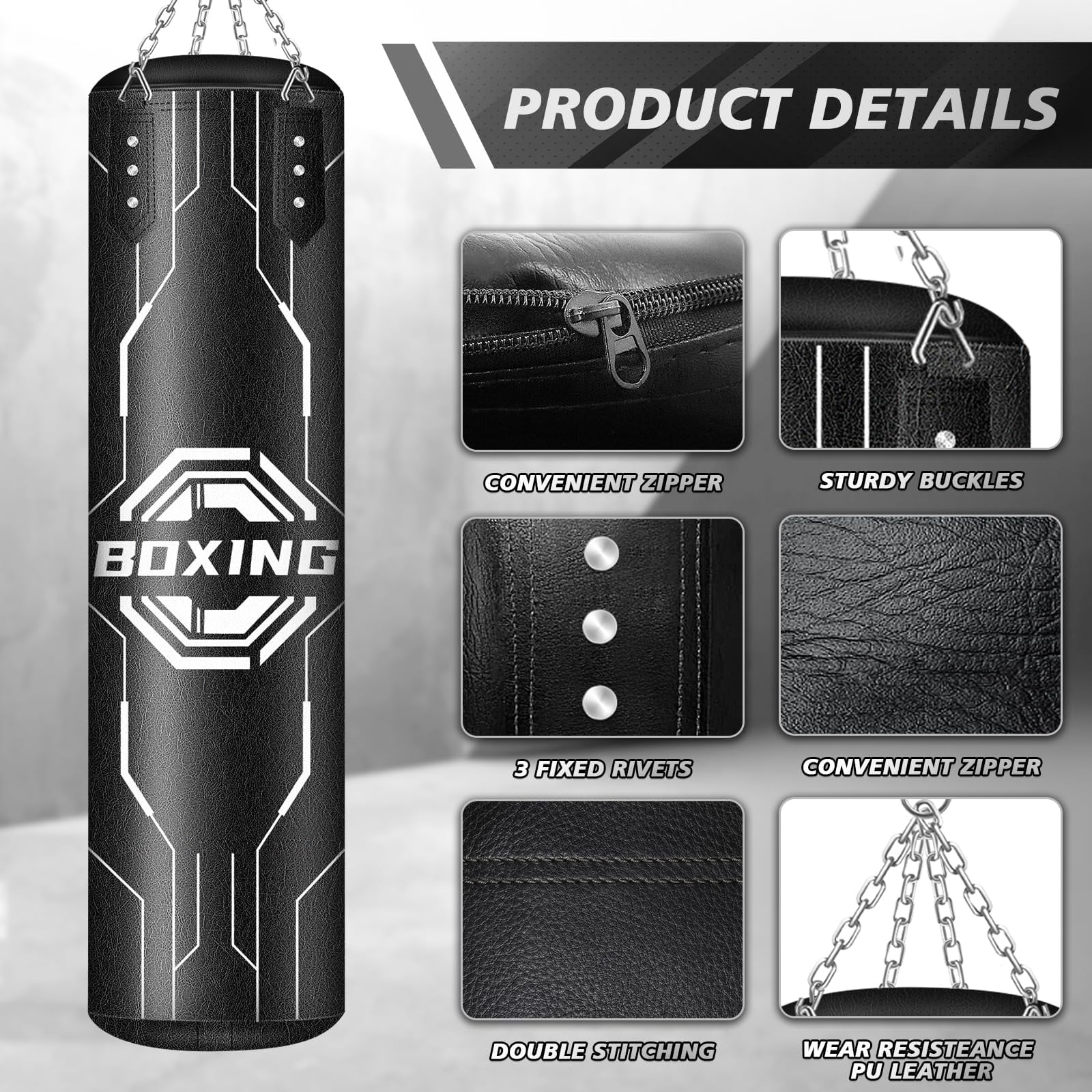 Heavy Punching Bag for Adults, 4FT PU Hanging Boxing Bag Set with 11LB Sponge Filler & 12OZ Boxing Gloves & Chain Ceiling Hook for MMA Training Karate Kickboxing
