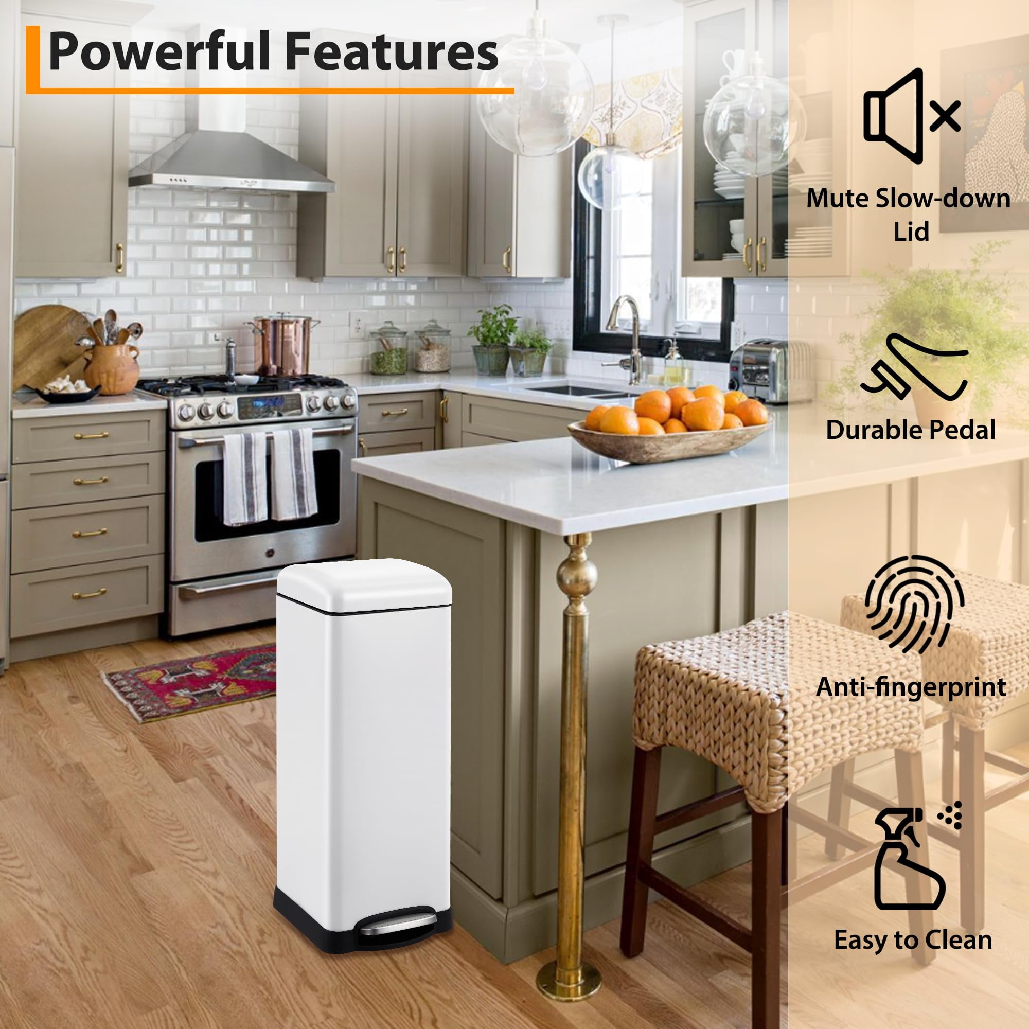 TROPOW 8 Gallon Bathroom Step Trash Can, 30-Liter Square Stainless Steel Foot Pedal Garbage Can with Soft-Close Lid for Kitchen, with Removable Inner Bucket,White