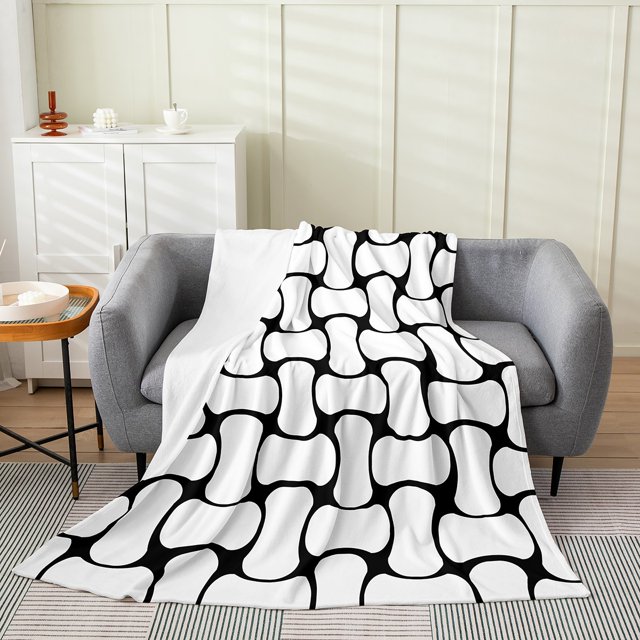 Erosebridal Modern Abstract Patchwork Flannel Blanket 90x90, Abstract White Black Sherpa Throw