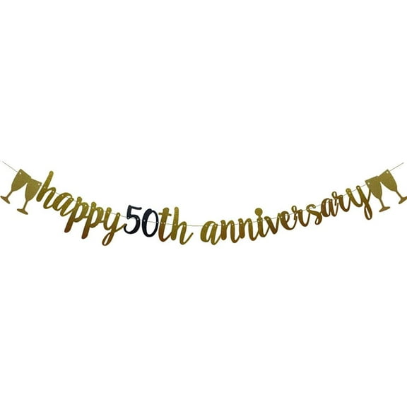 Happy 50th Anniversary Banner， Gold And Black Glitter Paper Party Decorations for 50th Wedding Anniversary Party Supplies Letters Black And Gold
