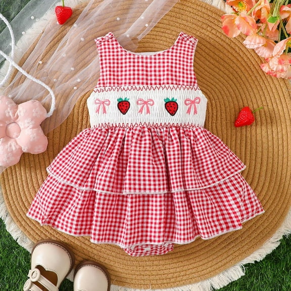 Baby Rompers Girl Toddler Girls Summer Sleeveless Plaid Romper Fashion Bodysuits Dress with Bow Strawberry Embroidery Baby Romper Red 0 Months-3 Months