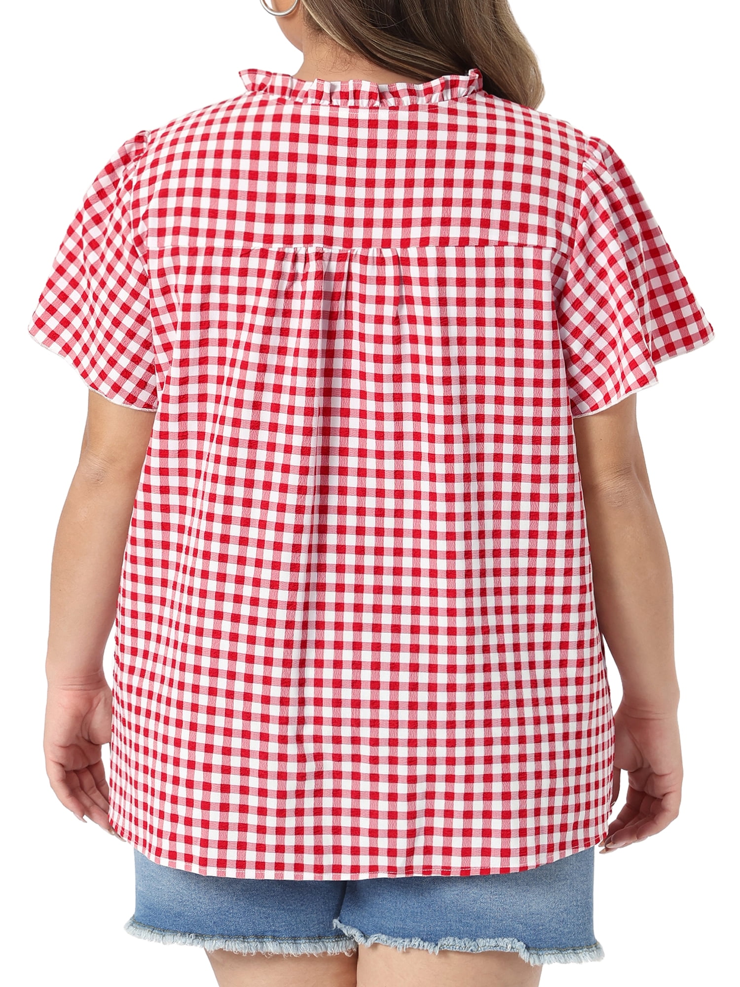 DARING DIVA Women's Plus Gingham Tie Front Ruffle V Neck Blouse 3X Red