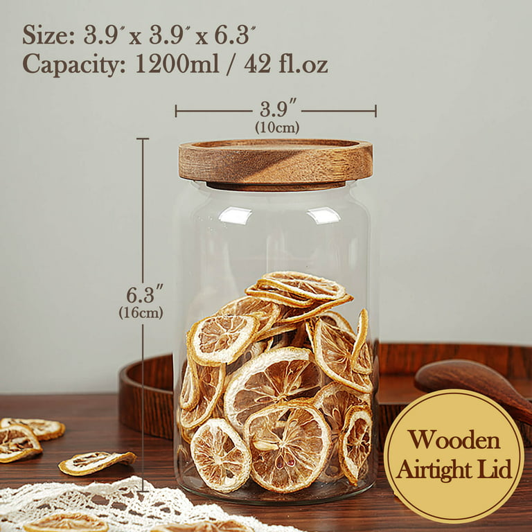 Labina Glass Storage Container Food Jars Kitchen Canister with Wood Lids and Screw Feature, 40 oz Wide Mouth Pantry Organization Glass Jar for Flour