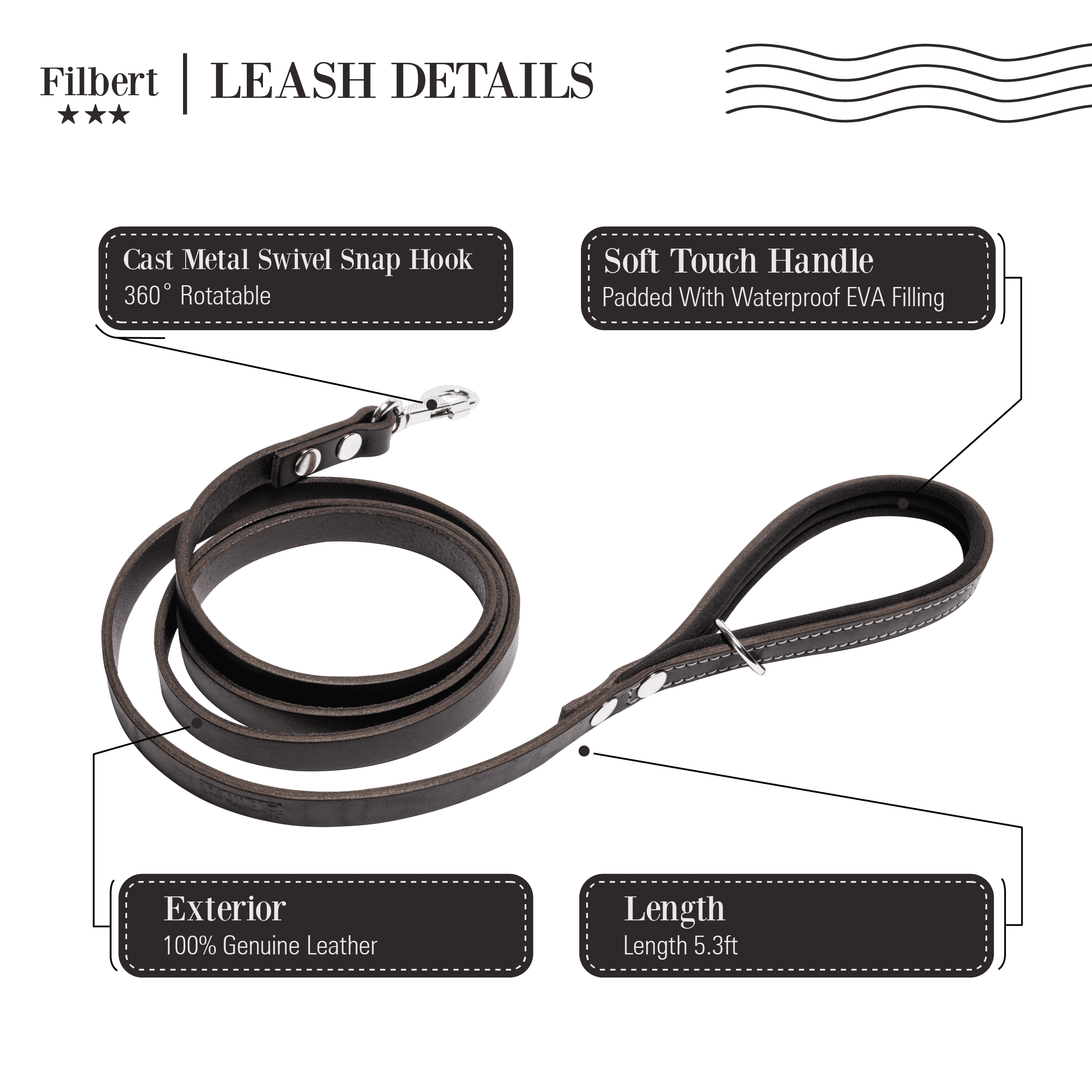 Filbert Genuine Leather Dog Leash, Strong Leather Leash for Small, Medium, Large Breed Dogs, 5.3ft, Soft and Comfortable, Durable, Heavy Duty, Black