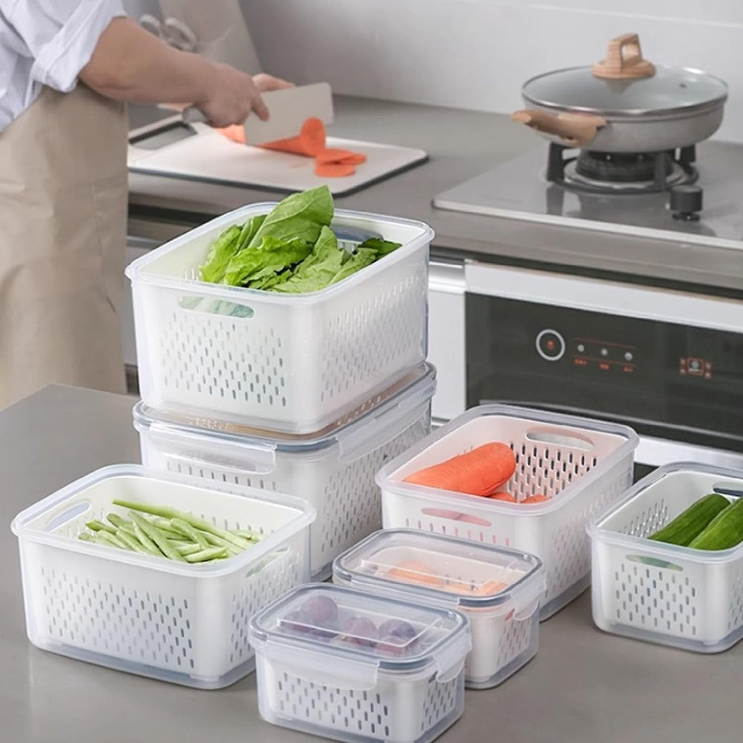 Household Transparent Plastic Food Storage Box-Including Drain Basket, Transparent Plastic Food Storage Box-Including Drain Basket, Large Fruit Containers for Fridge with Removablecolander