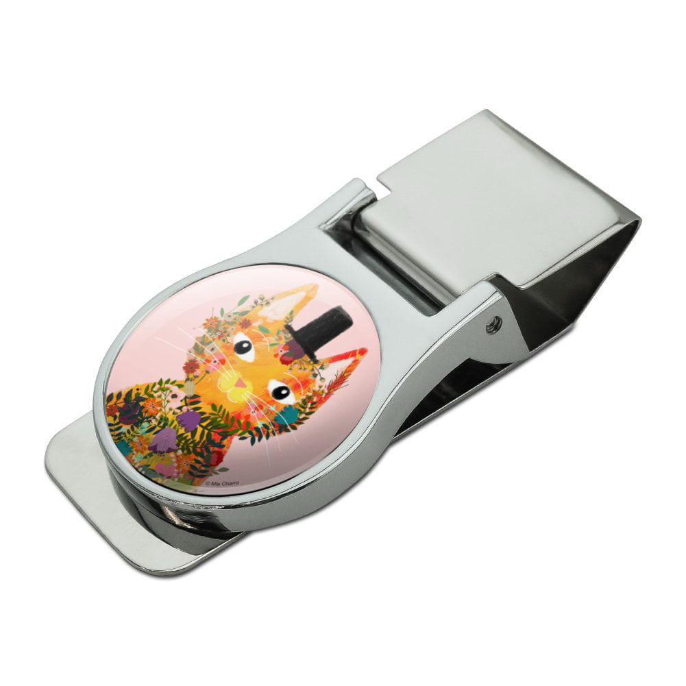 Flower Cat with a Top Hat Satin Chrome Plated Metal Money Clip