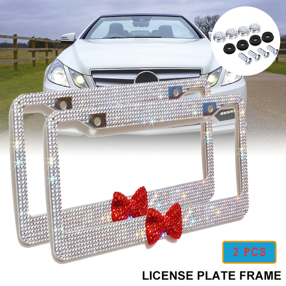 2x Pink Bow Tie Bling Diamond Crystal Metal License Plate Frame For Subaru Mazda