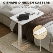 FitStand Height Adjustable Medical Bed Table with Hidden Casters, Rolling Laptop Desk with Cup Holder, Small Pneumatic Sit Stand Desk for Home Office, Sofa or Bedside Use, 28x16, White