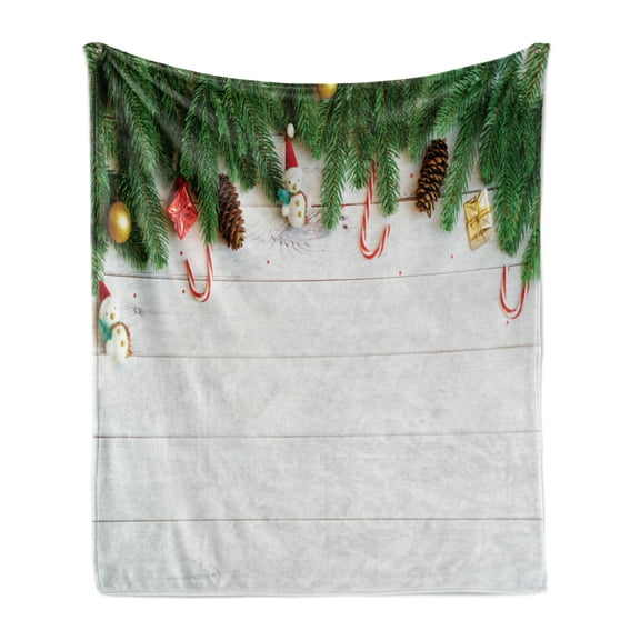 Christmas Soft Flannel Fleece Throw Blanket, Print of Holiday Season Concept Tree Branches with Ornaments Cones Lollipops, Cozy Plush for Indoor and Outdoor Use, 50" x 60", Multicolor, by Ambesonne
