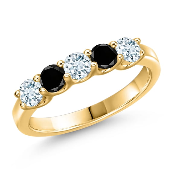 Gem Stone King 18K Yellow Gold Plated Silver Sky Blue Aquamarine and Black Diamond Wedding-Bands Ring for Women | 0.85 Cttw | Round 3.5MM | Gemstone March Birthstone | Size 8