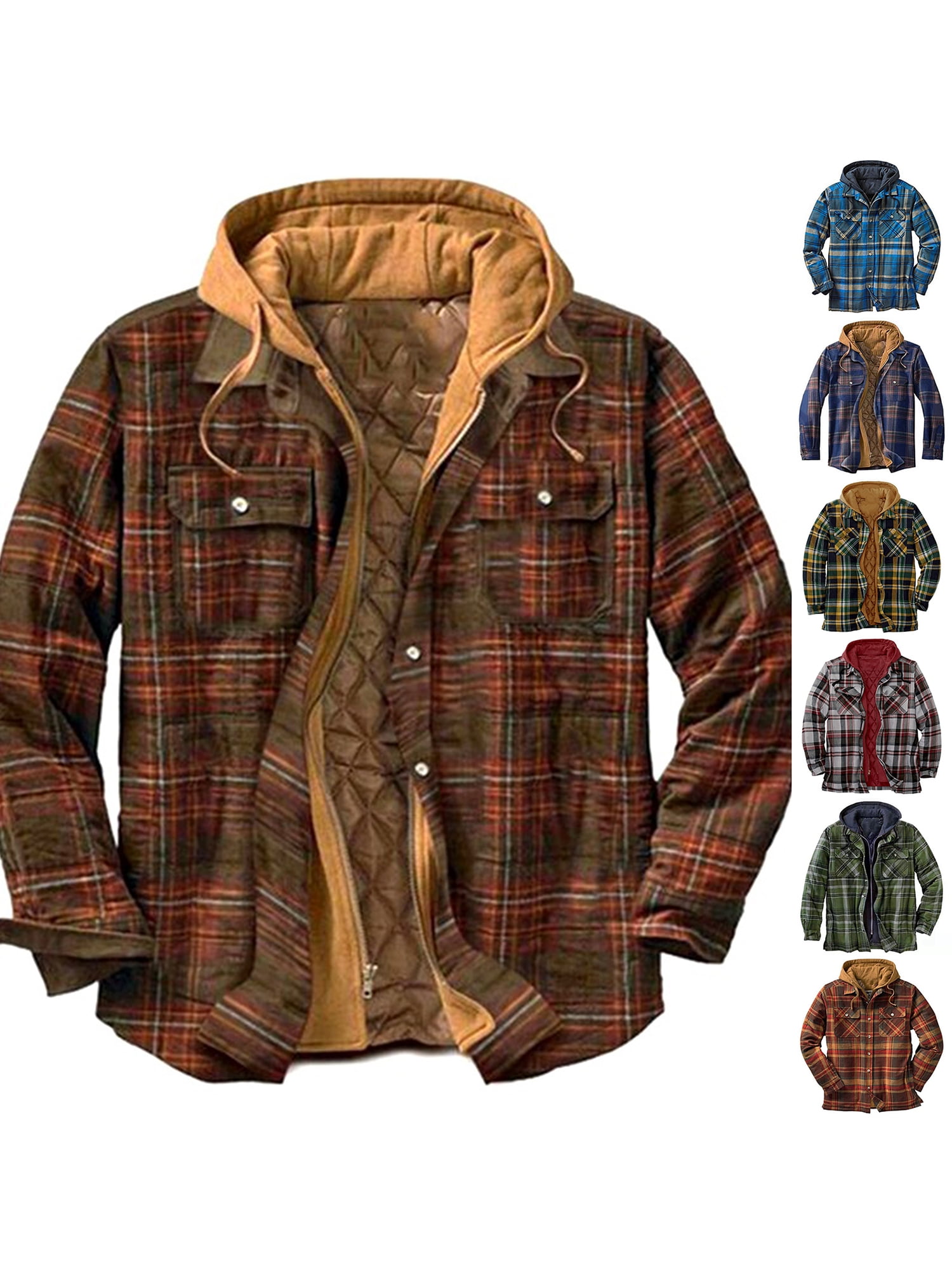 QILINXUAN Men's Flannel Shirt Jacket with Hooded Thicken Warm Quilted Lined Long Sleeve Rugged Plaid Jacket Coat Hoodie Outwear Shacket QILINXUAN Men's Flannel Shirt Jacket with Hooded Thicken Warm Quilted Lined Long Sleeve Rugged Plaid Jacket Coat Hoodie Outwear Shacket
