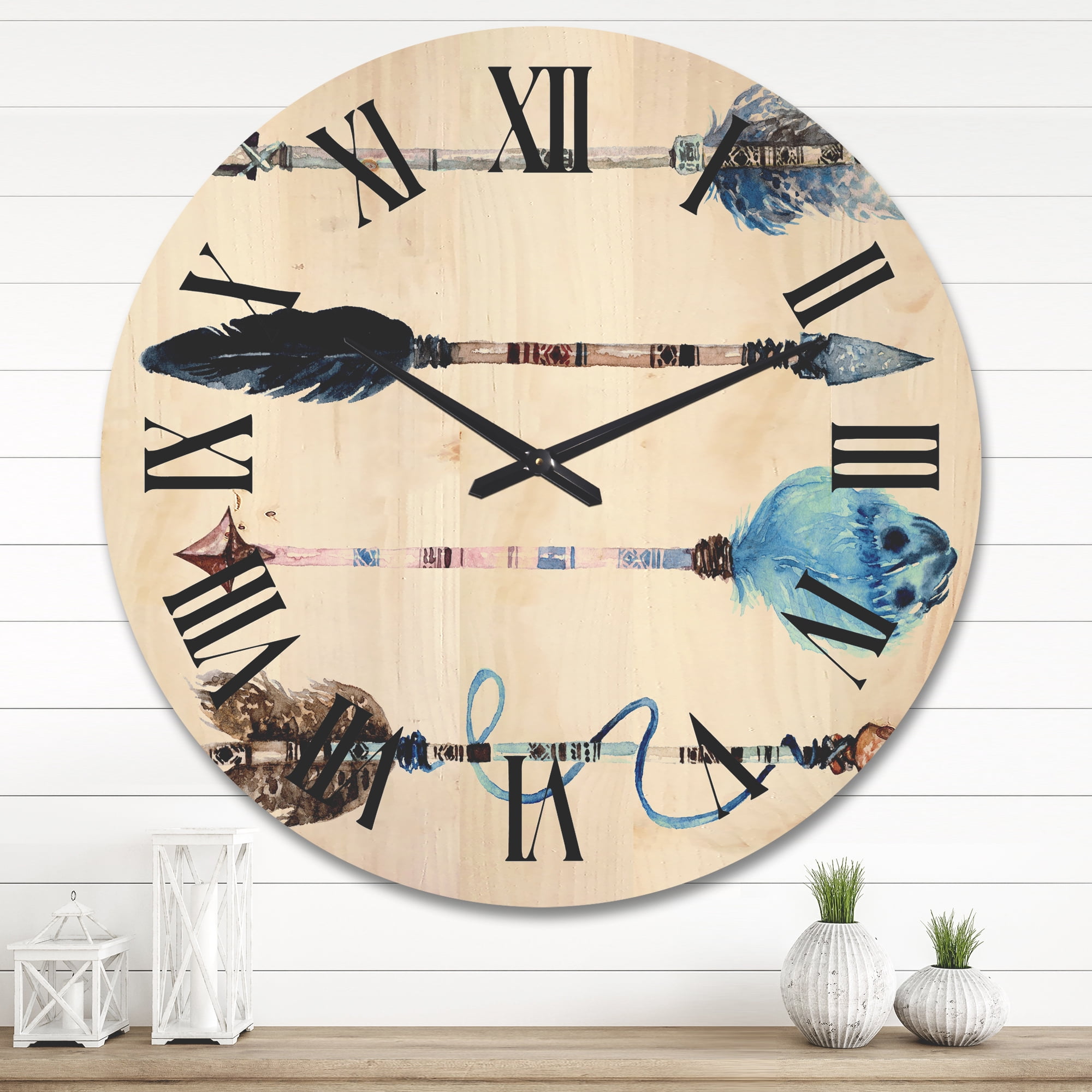 Designart 'Flowers and Ethnic Feathers On Native Arrows IV' Bohemian & Eclectic Wood Wall Clock