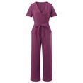 thumbnail image 4 of gakvbuo Jumpsuits For Women Summmer Dressy Wedding Women Solid Pocket Romper Short Sleeve V-neck Belt Loose Overalls Jumpsuit, 4 of 8