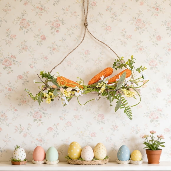 Decoración de pared con zanahoria de Pascua y corona de ratán | Adorno de puerta con zanahoria de primavera, flores y bayas | Corona de ratán natural para el hogar, la puerta