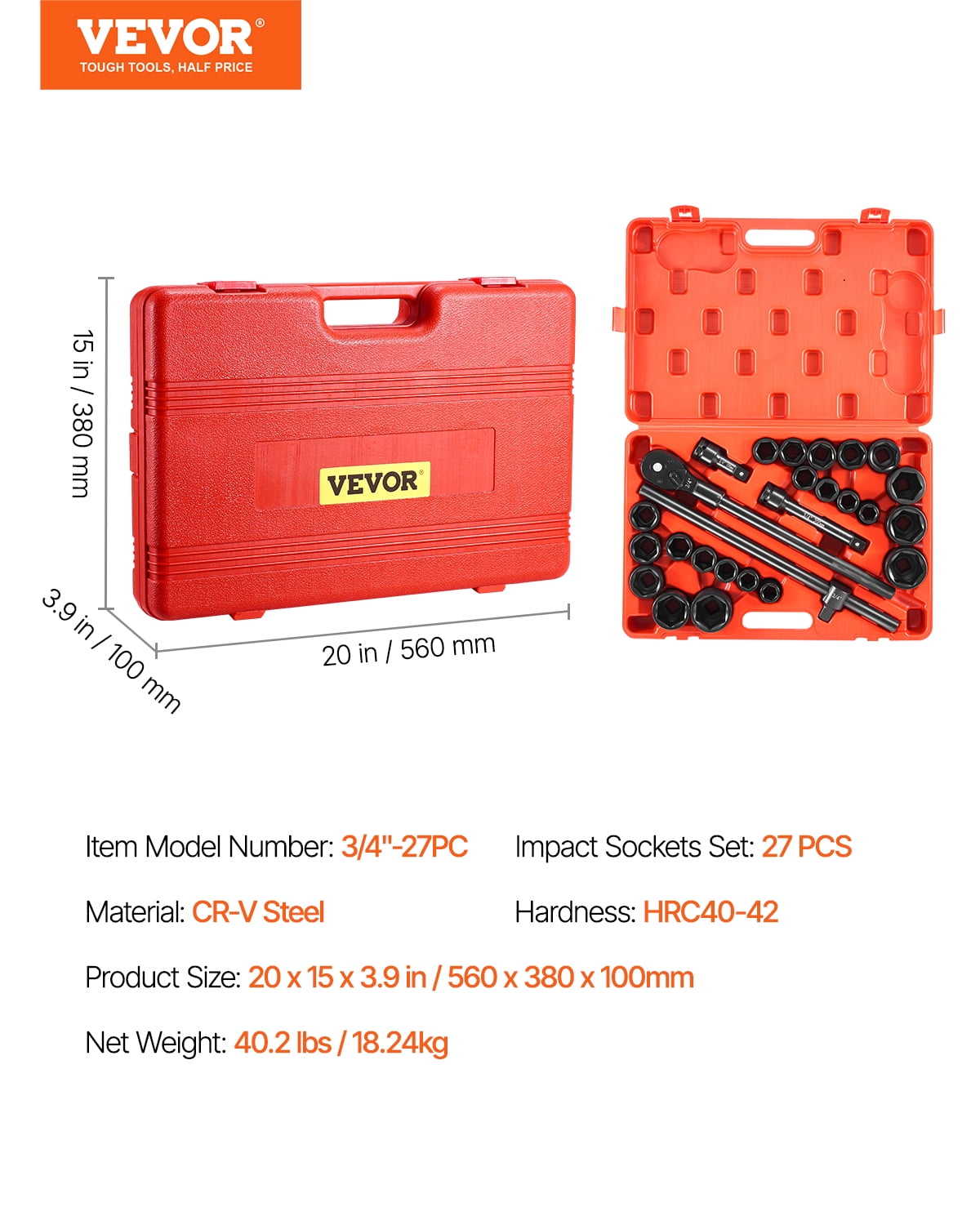 VEVOR 3/4 in Drive Impact Socket Set, 27 Pieces SAE 7/8 in to 2 in and Metric 22 mm to 50 mm, 6 Point Cr-V Alloy Steel for Auto Repair, Includes Extension Bars, Ratchet Handle and Storage Case